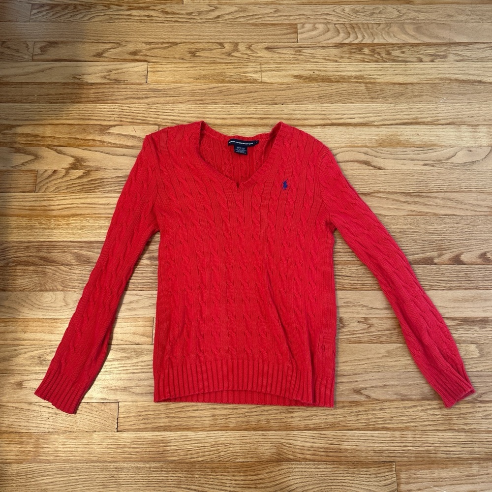 Ralph Lauren Red Cable Knit V Neck